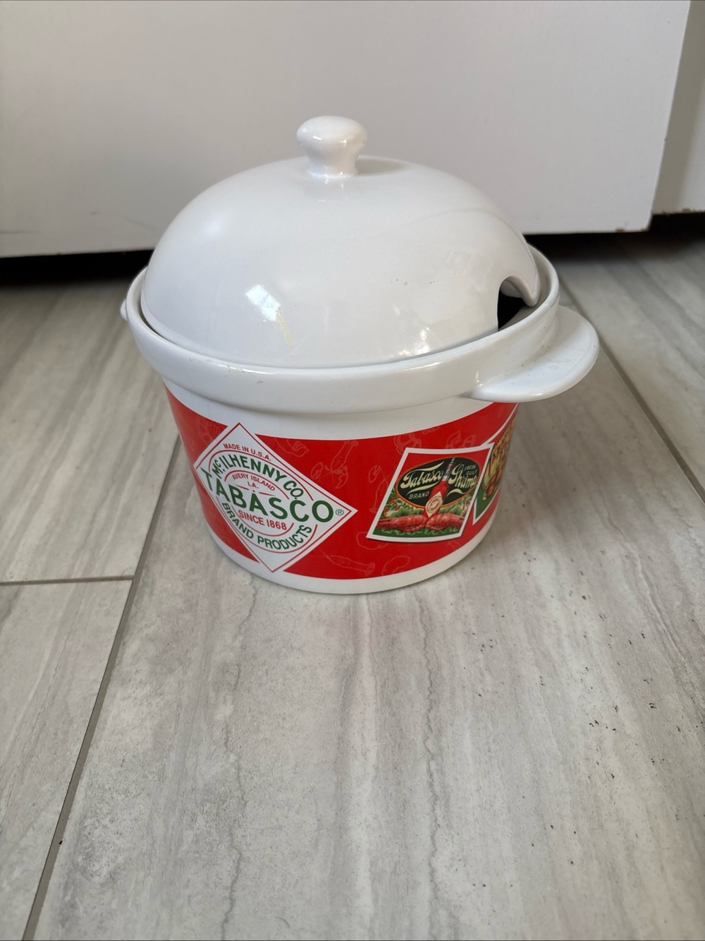 Tabasco Ceramic Soup Tureen with Lid, White Red, Tabasco Label, Advertising